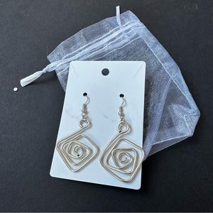 Silver Geometric Dangly Earrings with Sheer White Jewelry Bag